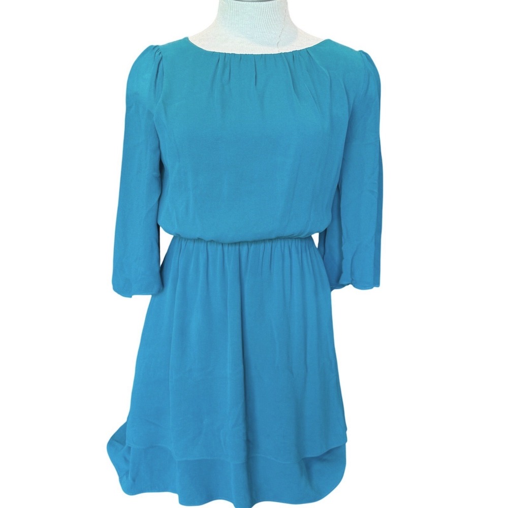 Alice + Olivia Blue/Green Silk Blend Dress 3/4 Sleeve Keyhole Back Women's Small
